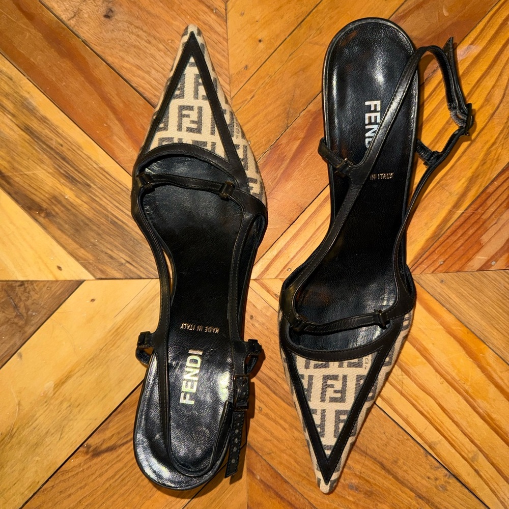Fendi Black and Beige FF Canvas Pointed Slingback Heels